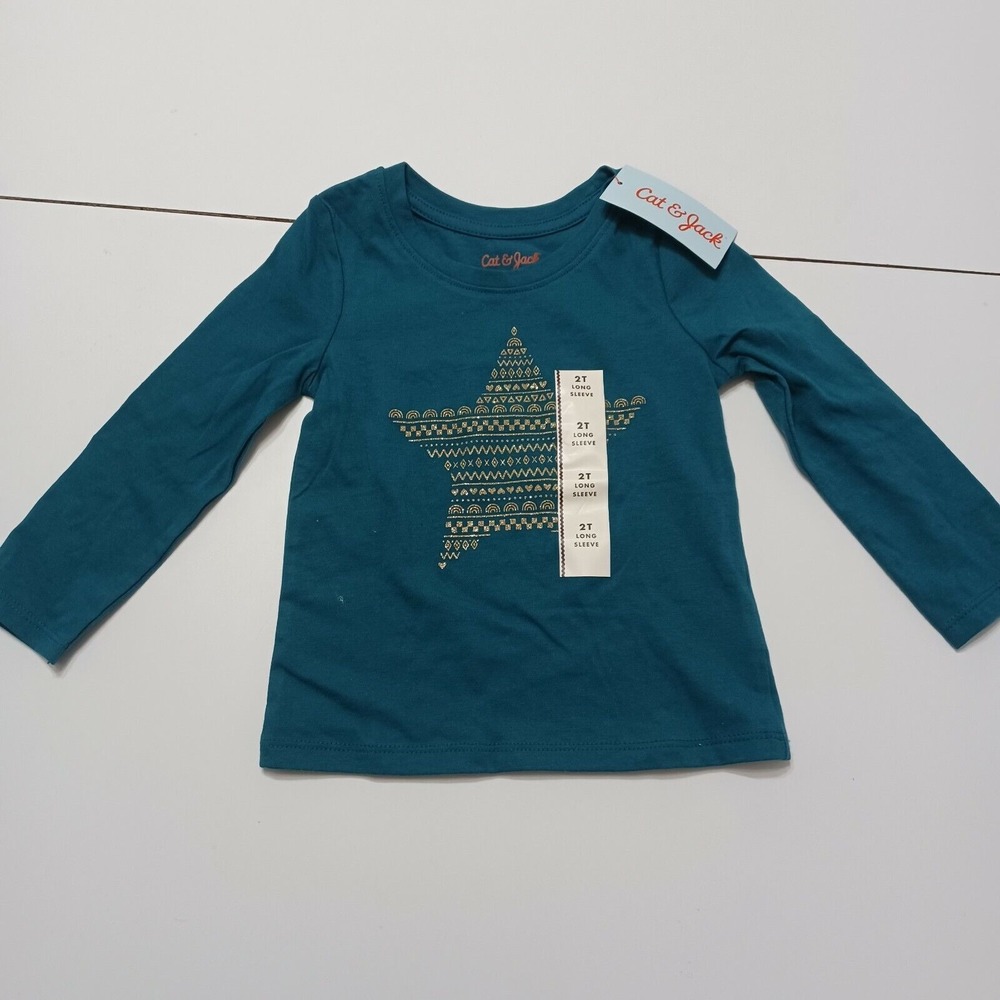 New Cat & Jack Baby Girls Graphic T-shirt Blue Star Long Sleeve Crew Neck Tee 2T